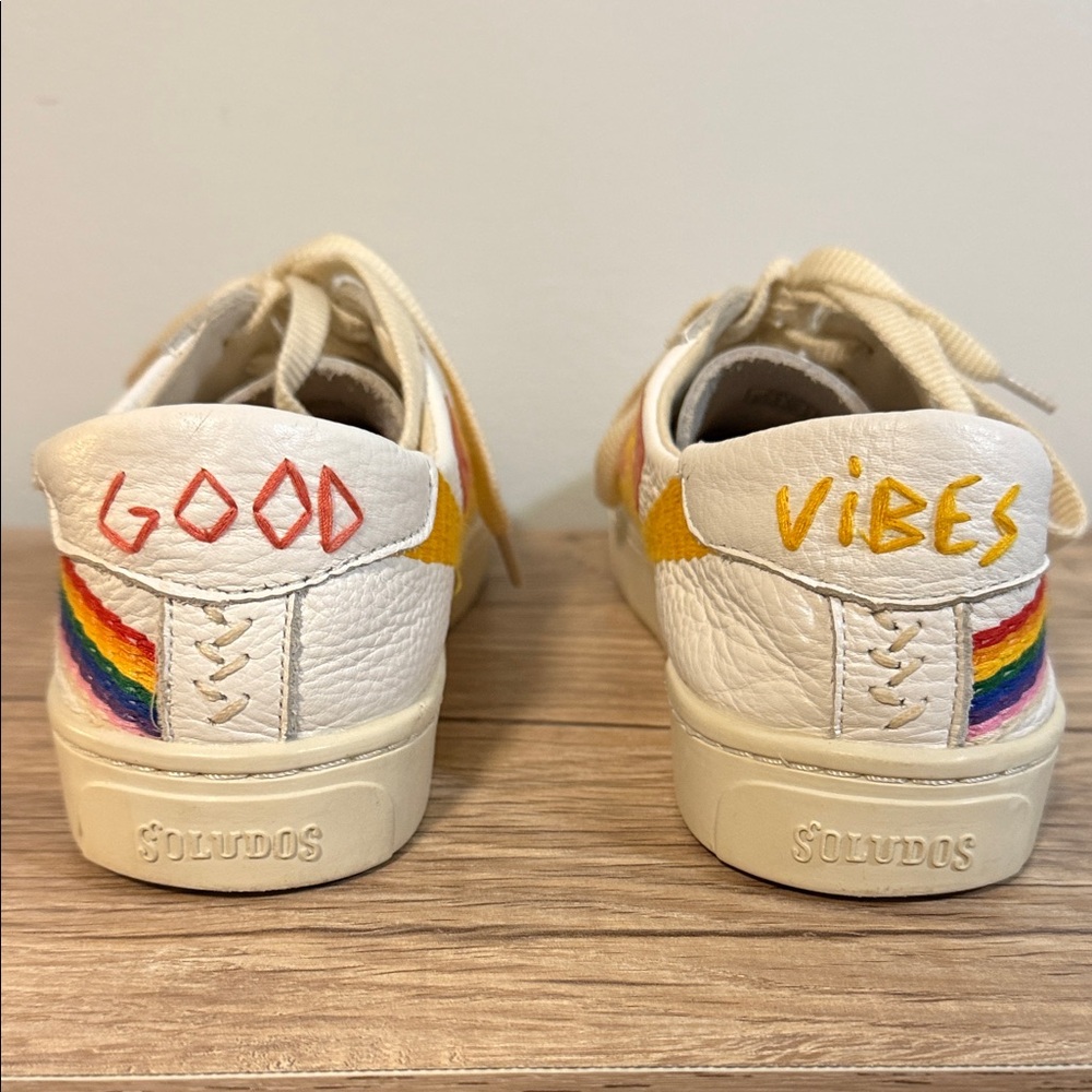 Soludos White Sneakers with Sun and Rainbow Stripes 8.5 - Picture 3 of 7